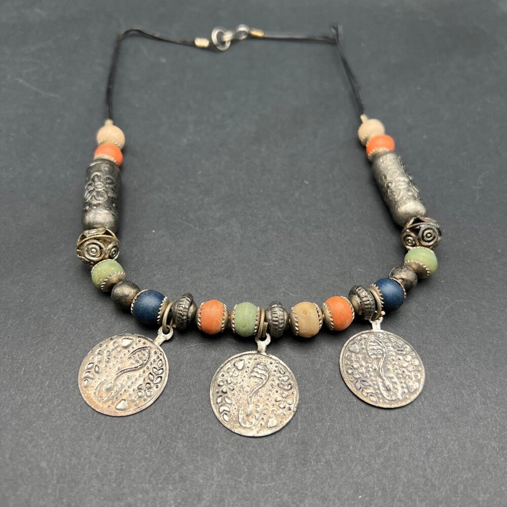 Boho Coin Wood Bead Necklace‎ Silver Tone Green Orange